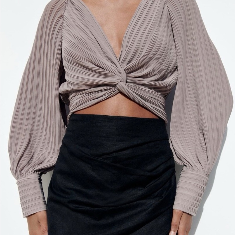 Zara Taupe Knotted Cropped Blouse